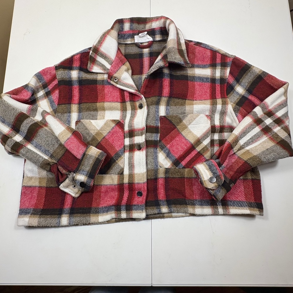 For The Republic Womens Red Plaid Cropped Flannel Shacket Jacket Medium‎